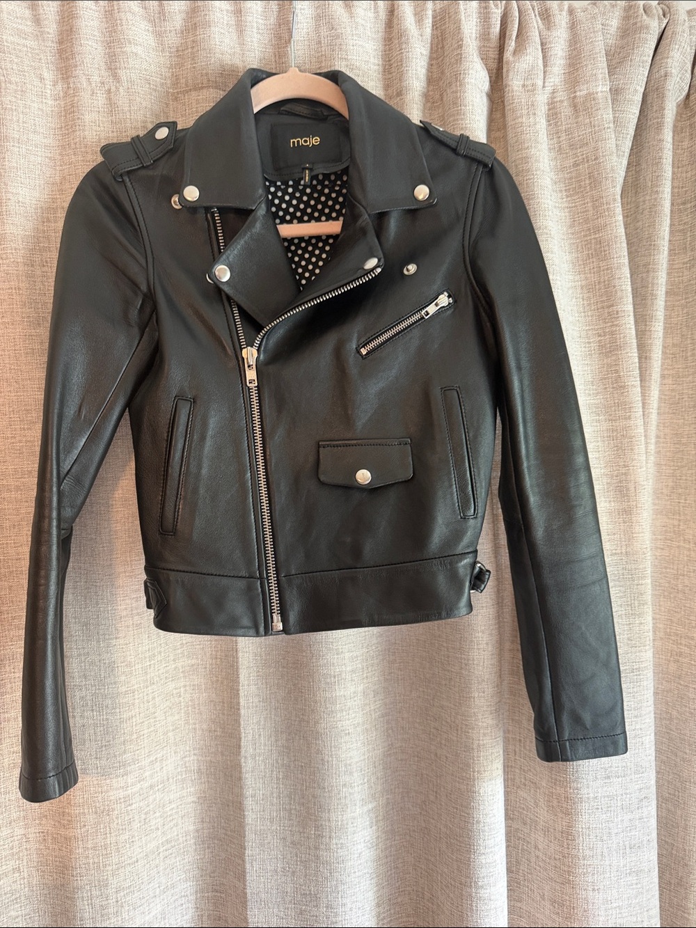 Maje Black Leather Biker Jacket with Silver Hardware